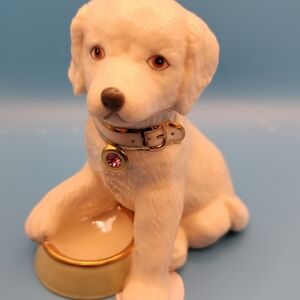 Lenox Cream Dog Figurine with Gold Bowl and Pink Collar Accent